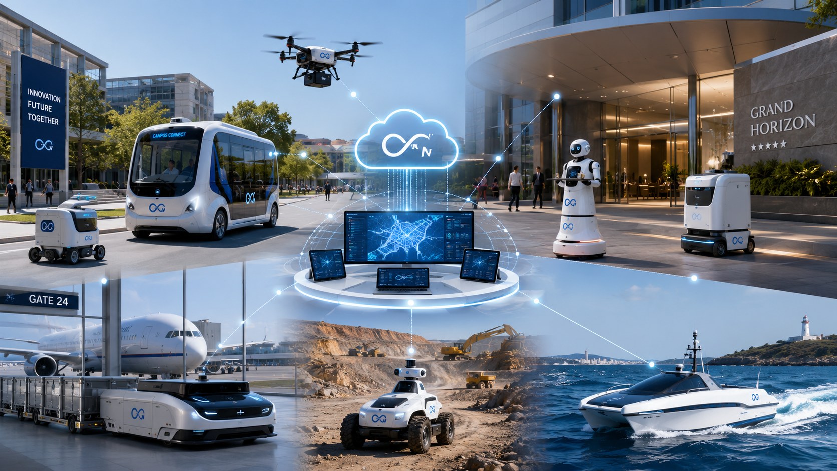Infinity N autonomous vehicles, robots, drones and vessels connected through Infinity Cloud across campus, hospitality, airport, mining and marine deployments