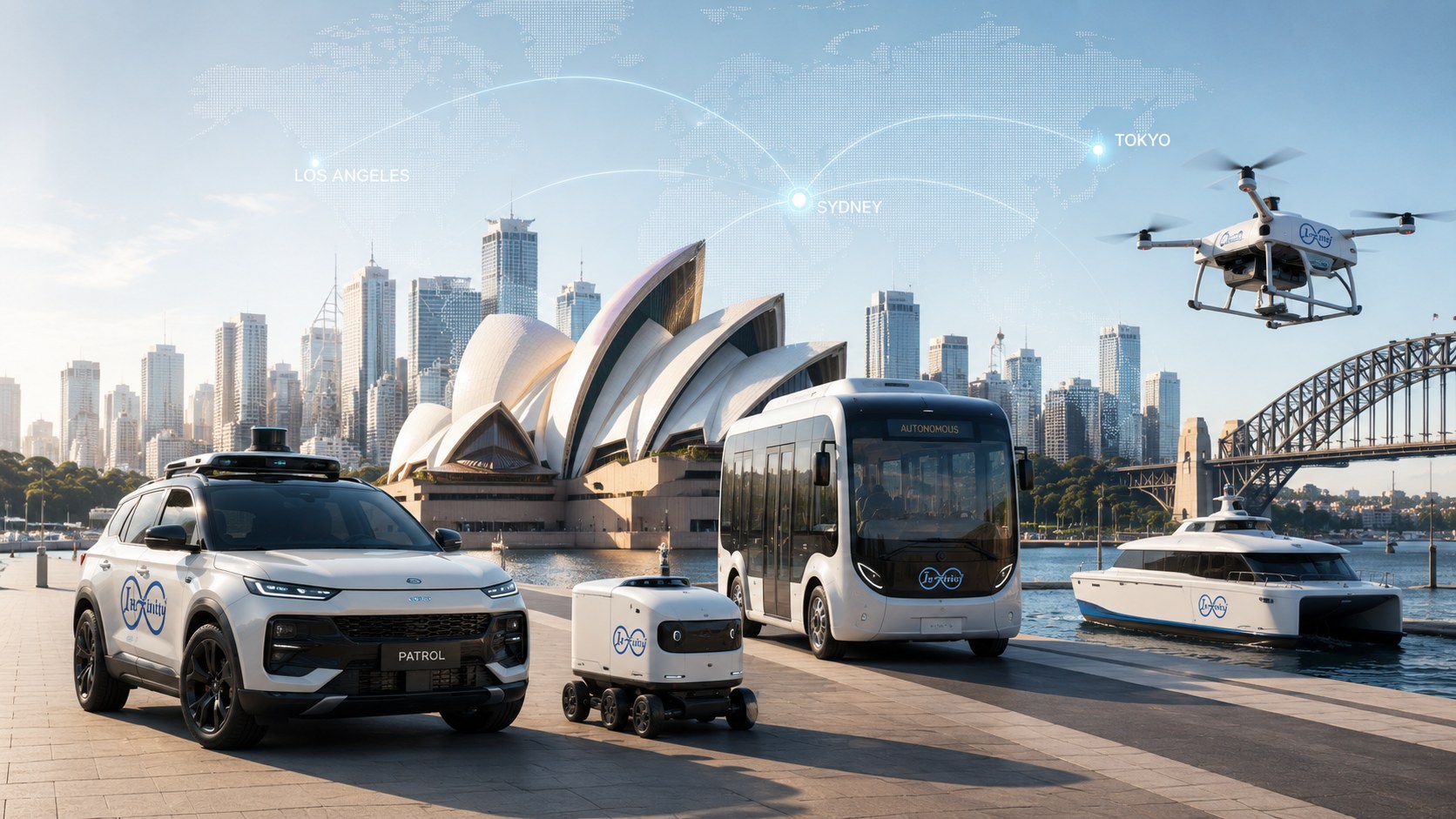 Infinity N autonomous vehicle, delivery robot, shuttle, drone and marine vessel at Sydney Harbour connected to Los Angeles and Tokyo operations