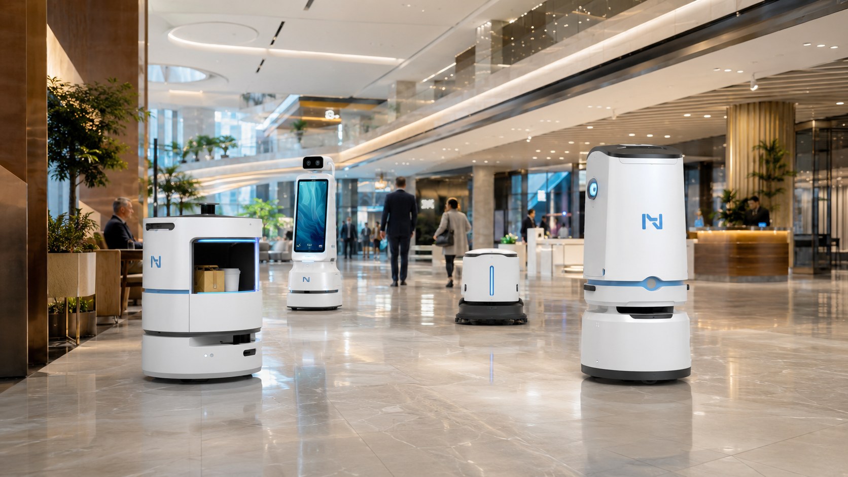 Delivery, guidance and cleaning robots supporting service operations in a commercial lobby