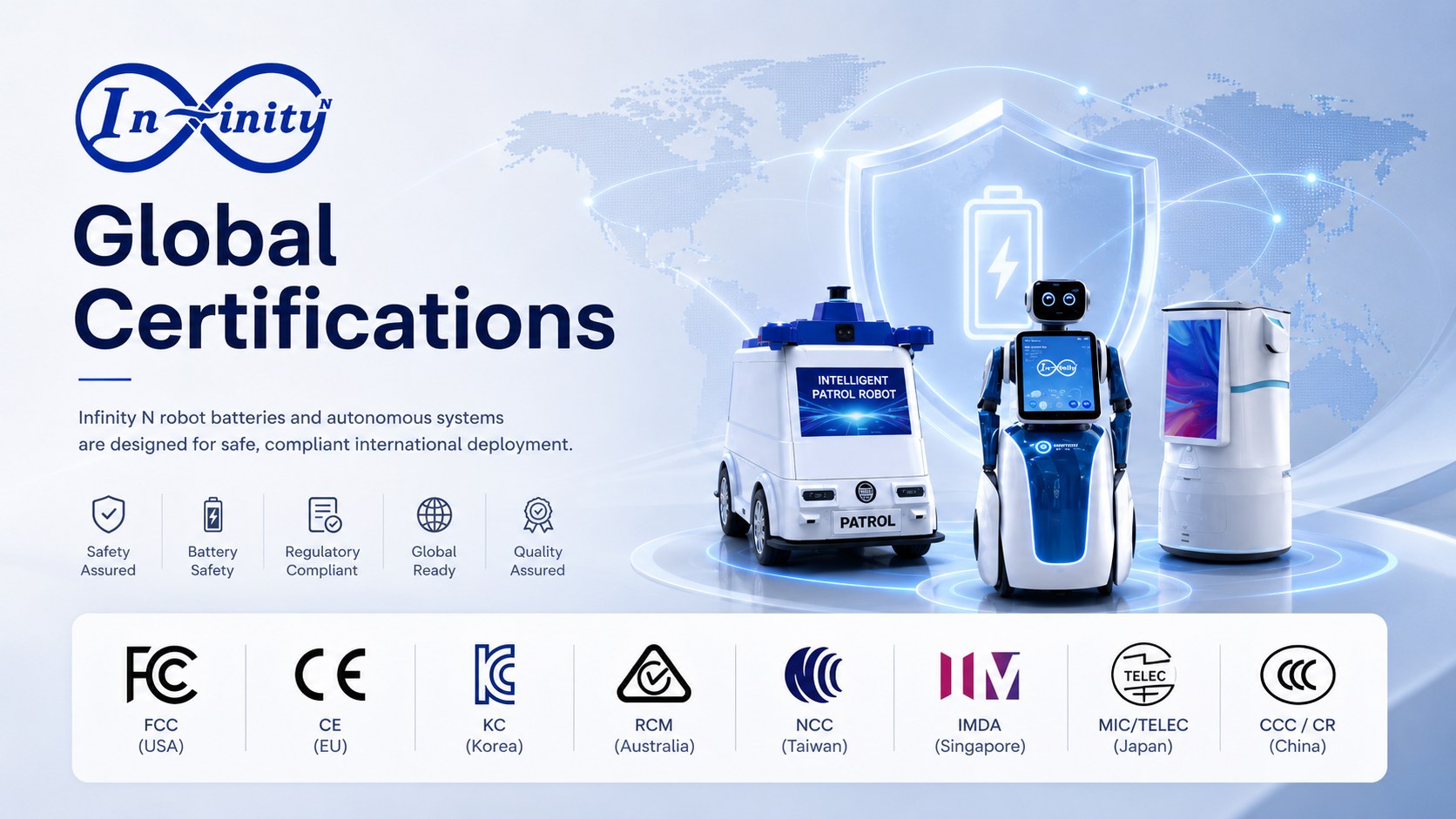 Infinity N patrol robot, service robot and delivery robot with global certification marks including FCC, CE, KC, RCM, NCC, IMDA, MIC/TELEC and CCC/CR