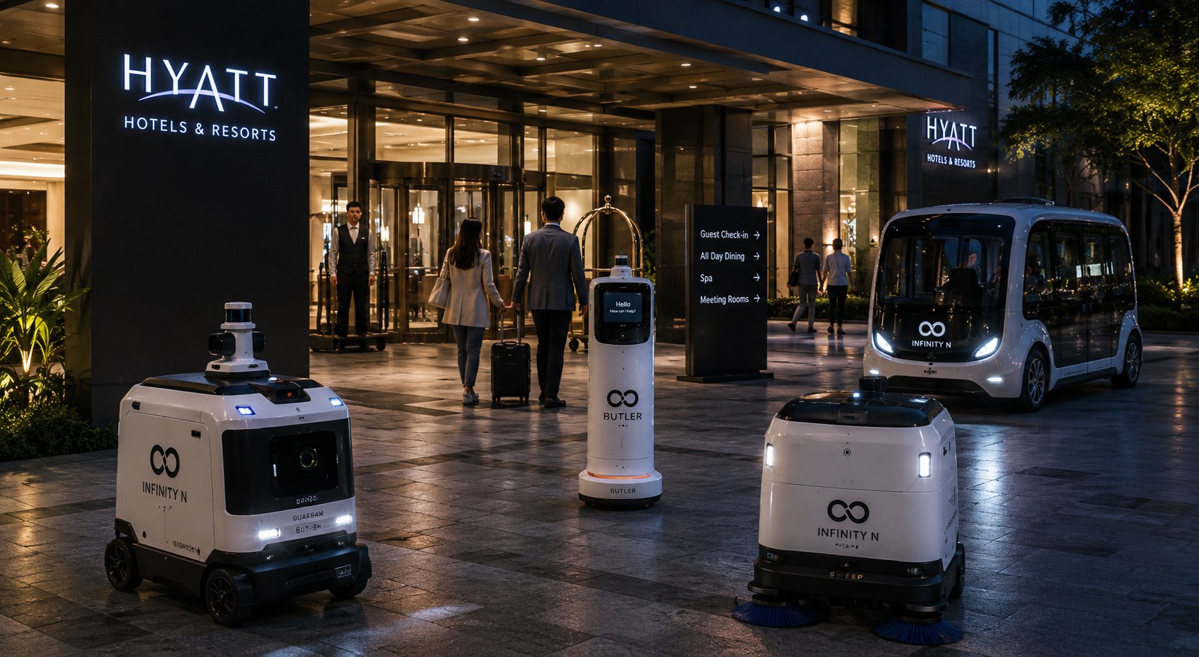 Guardian patrol, Butler delivery and Sweep cleaning robots with an AirLink shuttle outside a Hyatt Hotels entrance at night