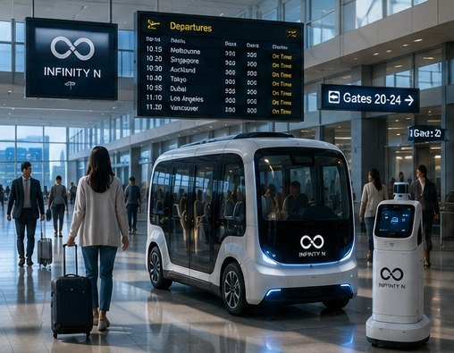 Autonomous shuttle and passenger guidance robot at an airport terminal