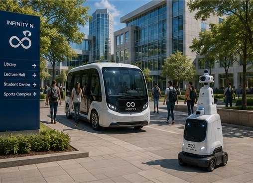 Autonomous shuttle and patrol robot moving through a university campus