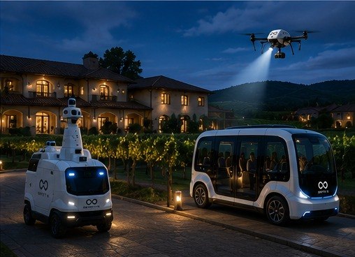 Patrol robot and autonomous shuttle at a winery estate at night with an inspection drone overhead