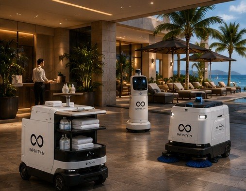 Delivery and cleaning robots serving a hotel lobby and poolside area
