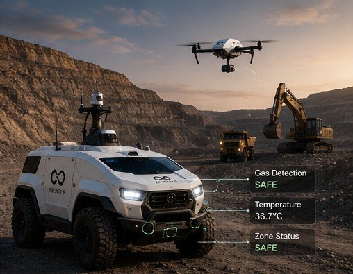 Autonomous patrol vehicle and inspection drone at a mining site with gas detection readout