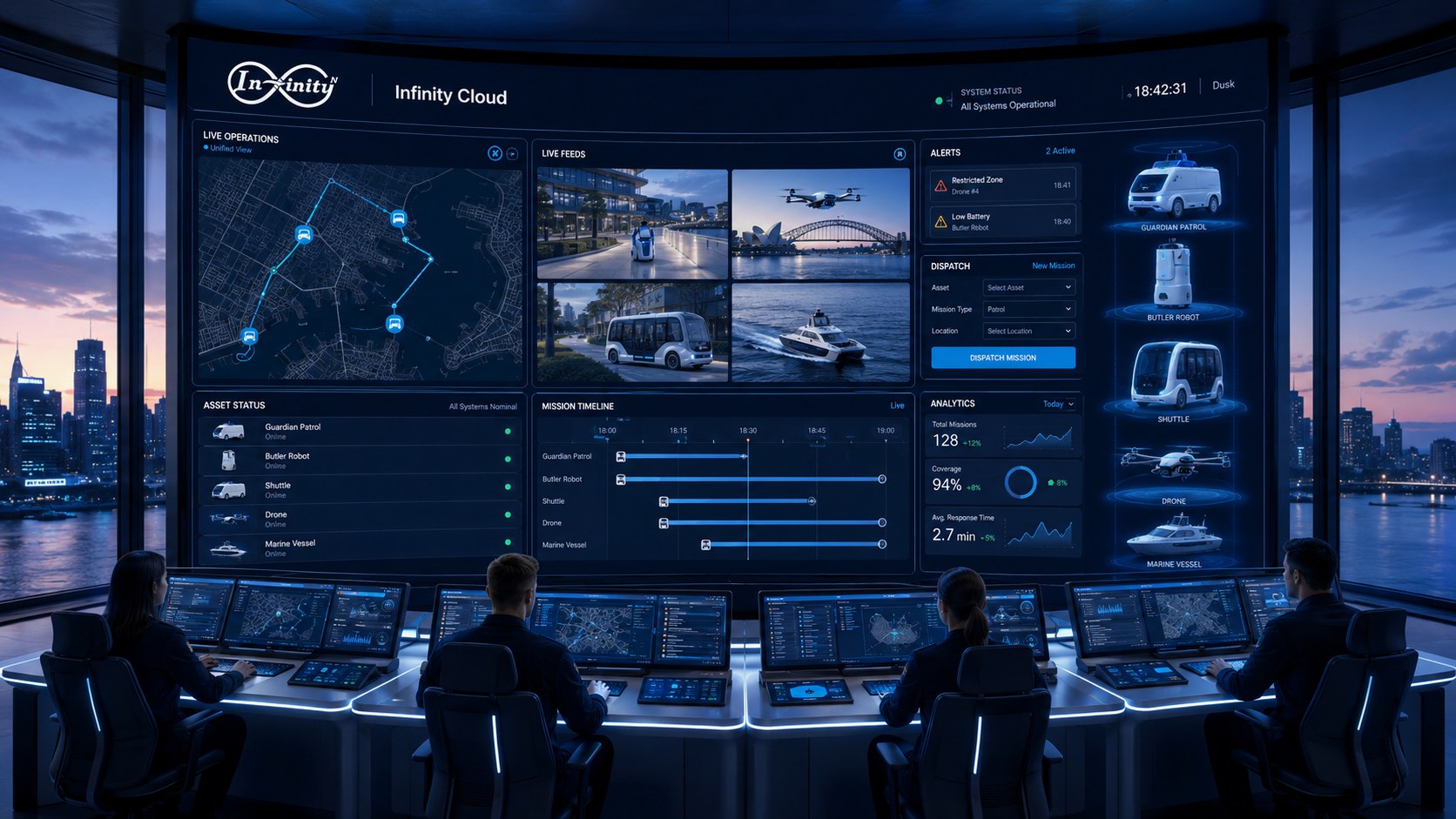 Infinity Cloud command centre with operators monitoring live fleet map, live feeds, alerts, dispatch, asset status, mission timeline and analytics panels
