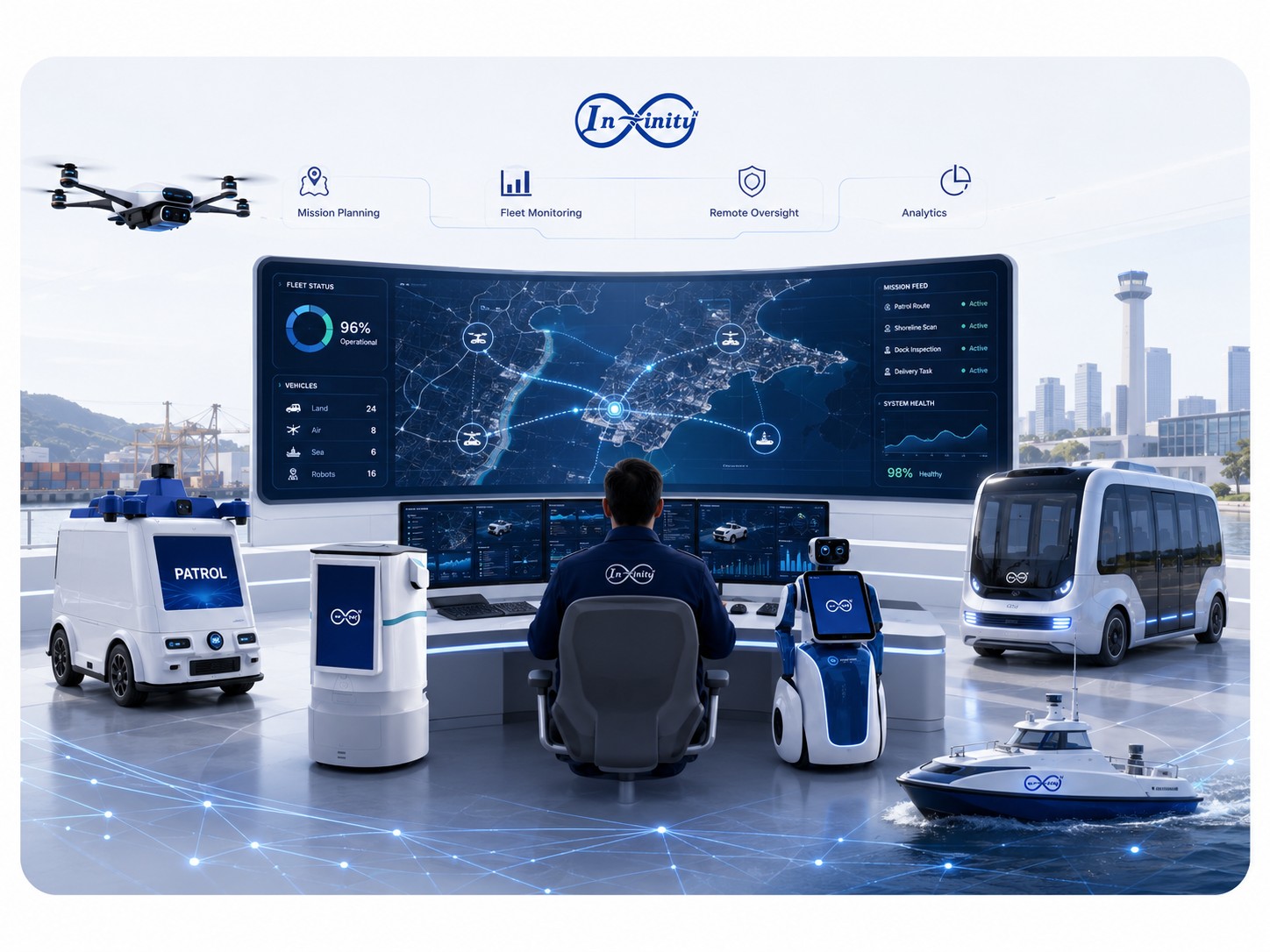 Infinity N fleet of drones, patrol vehicles, delivery robots, shuttles and marine vessels coordinated through the Infinity Cloud mission control dashboard