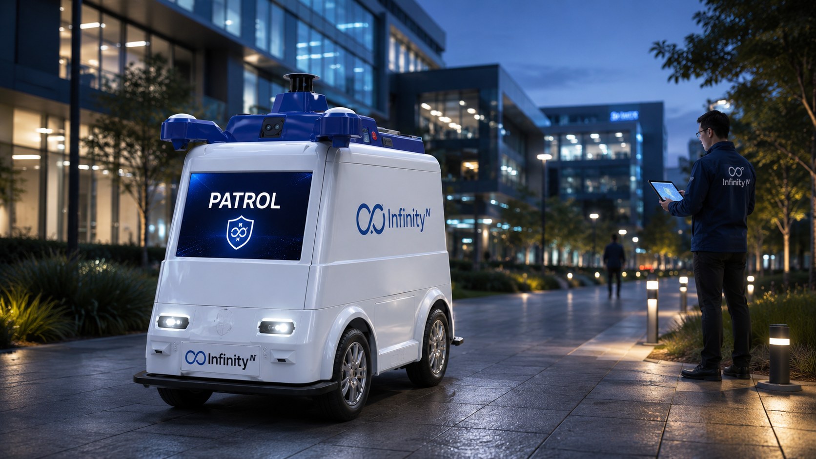 Infinity N patrol robot operating on a campus walkway at dusk while a technician monitors it via tablet