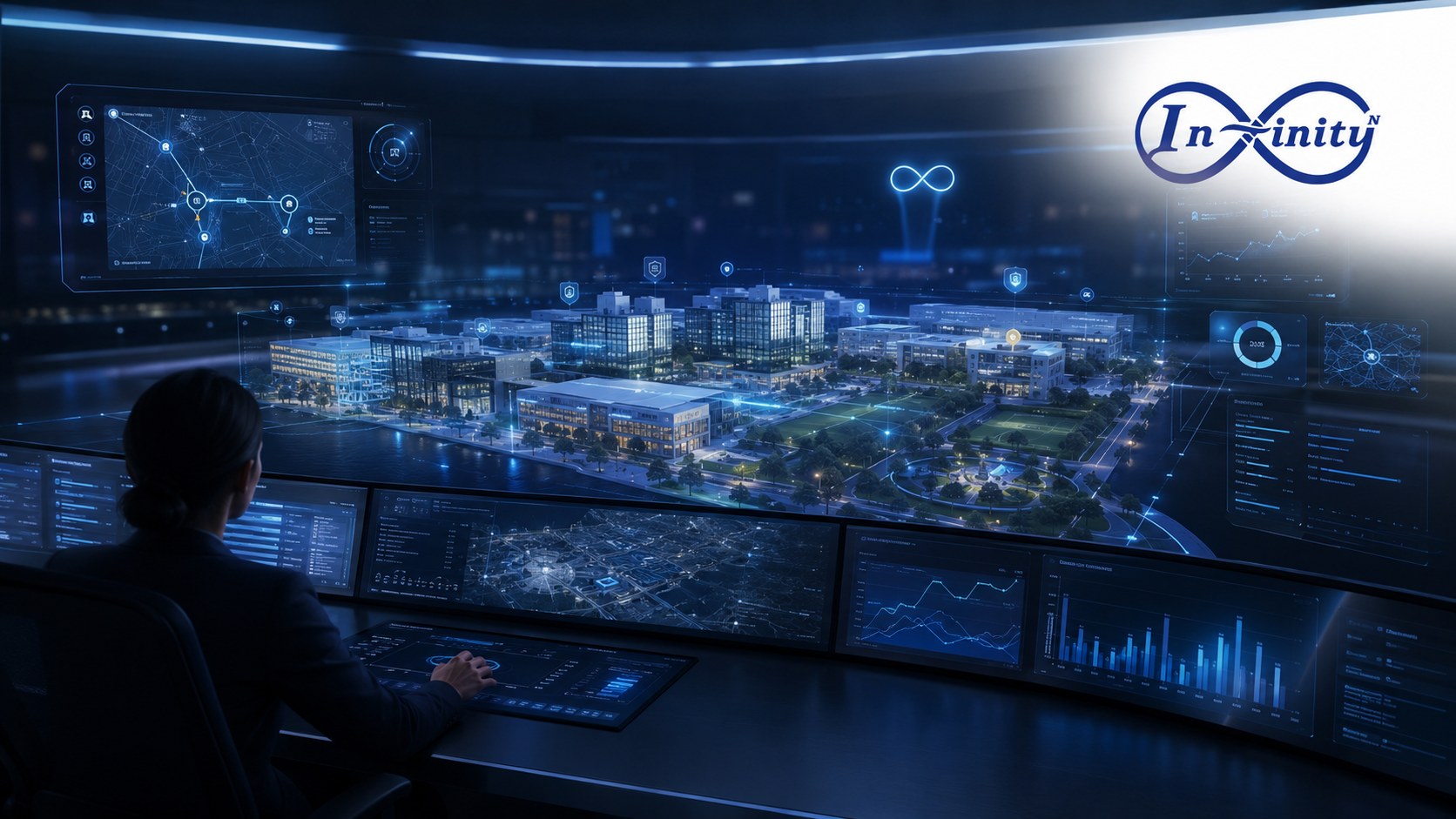 Operator viewing a digital twin visualisation of a campus precinct with live analytics overlays