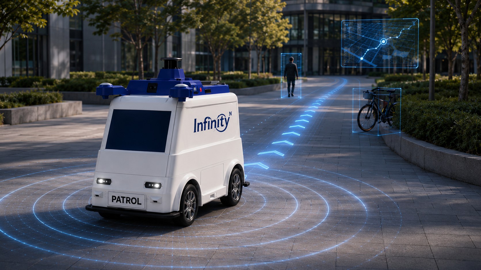 Infinity N autonomous patrol vehicle detecting a pedestrian and cyclist with real-time sensor mapping in an urban precinct