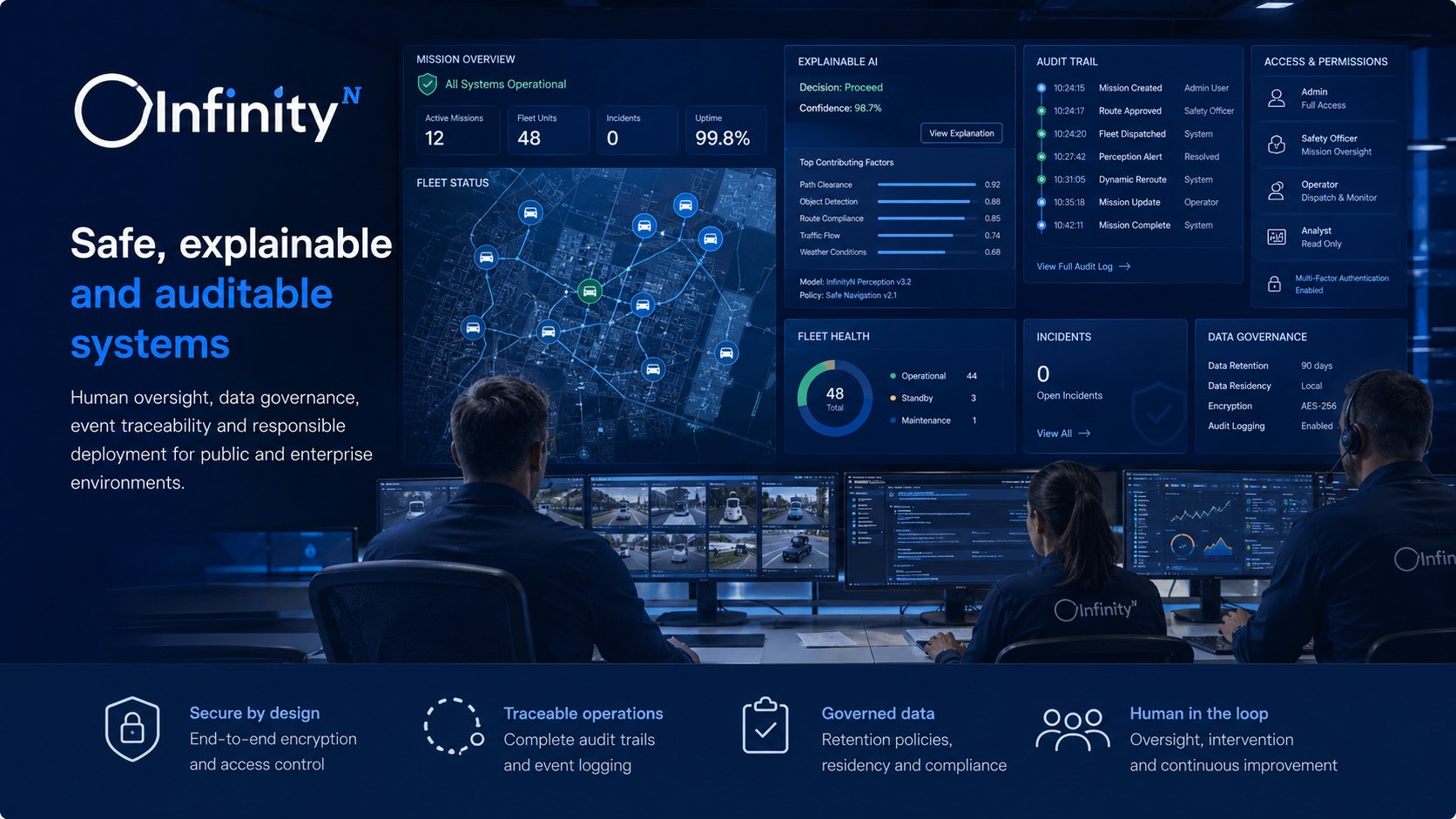 Trusted AI dashboard showing mission overview, explainable AI decisions, audit trail and access permissions monitored by operators