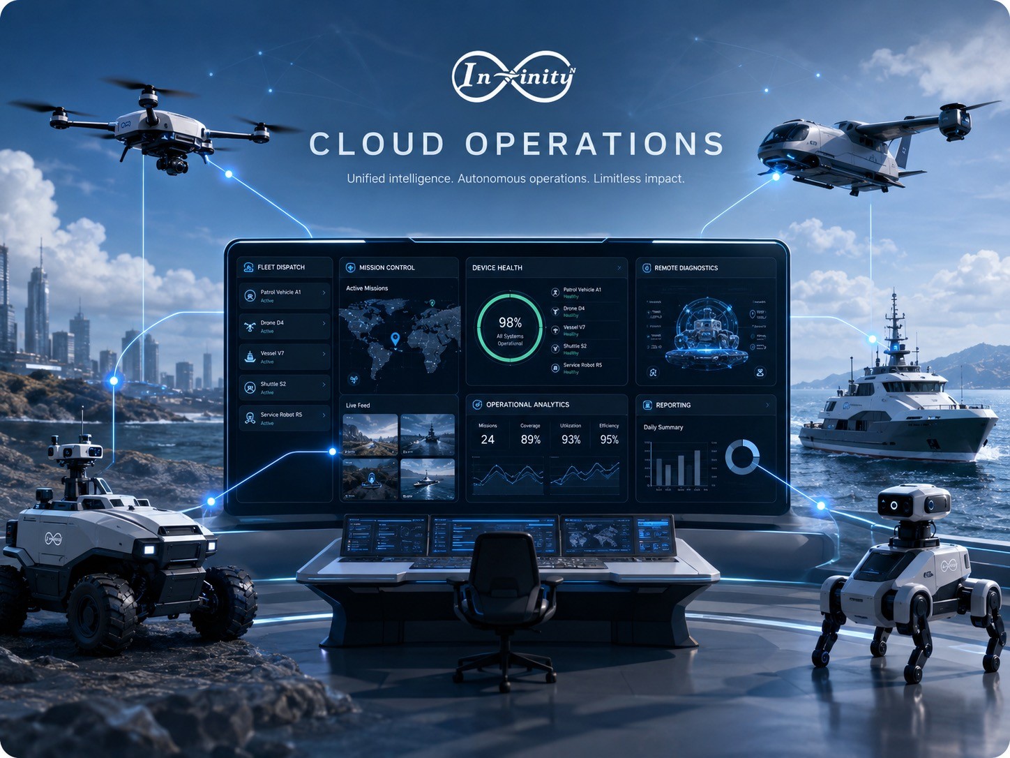 Cloud operations dashboard with fleet dispatch, mission control, device health and reporting across vehicles, drones and vessels