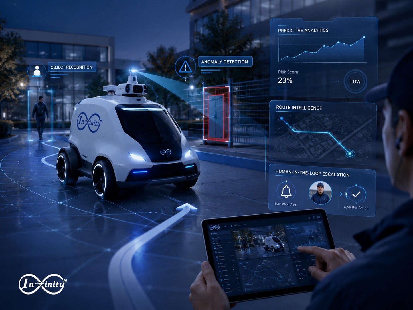 Augmented reality overlay showing object recognition, anomaly detection and predictive analytics on an autonomous patrol vehicle