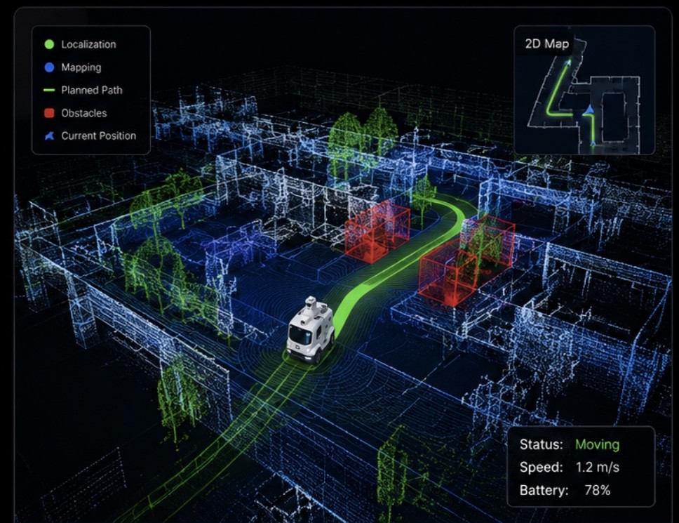 3D point cloud SLAM mapping showing planned path, obstacles and current vehicle position