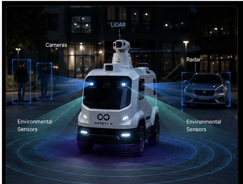 Autonomous vehicle at night with LiDAR, camera, radar and environmental sensors detecting pedestrians and vehicles
