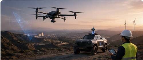 Drone inspection over industrial terrain